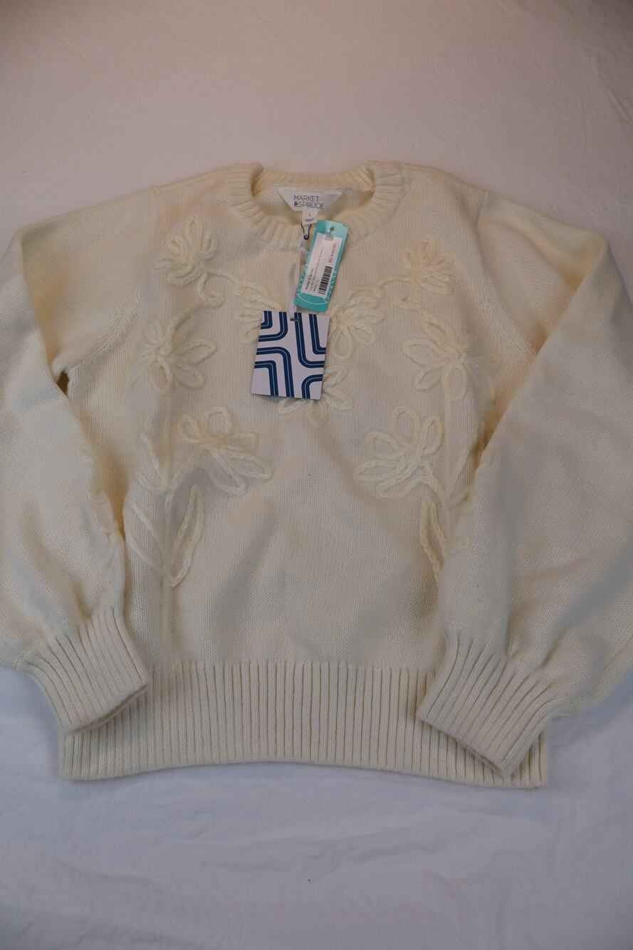 NEW Market & Spruce Lily 3D Sweater Women's Yellow Floral Knit Crewneck Size L